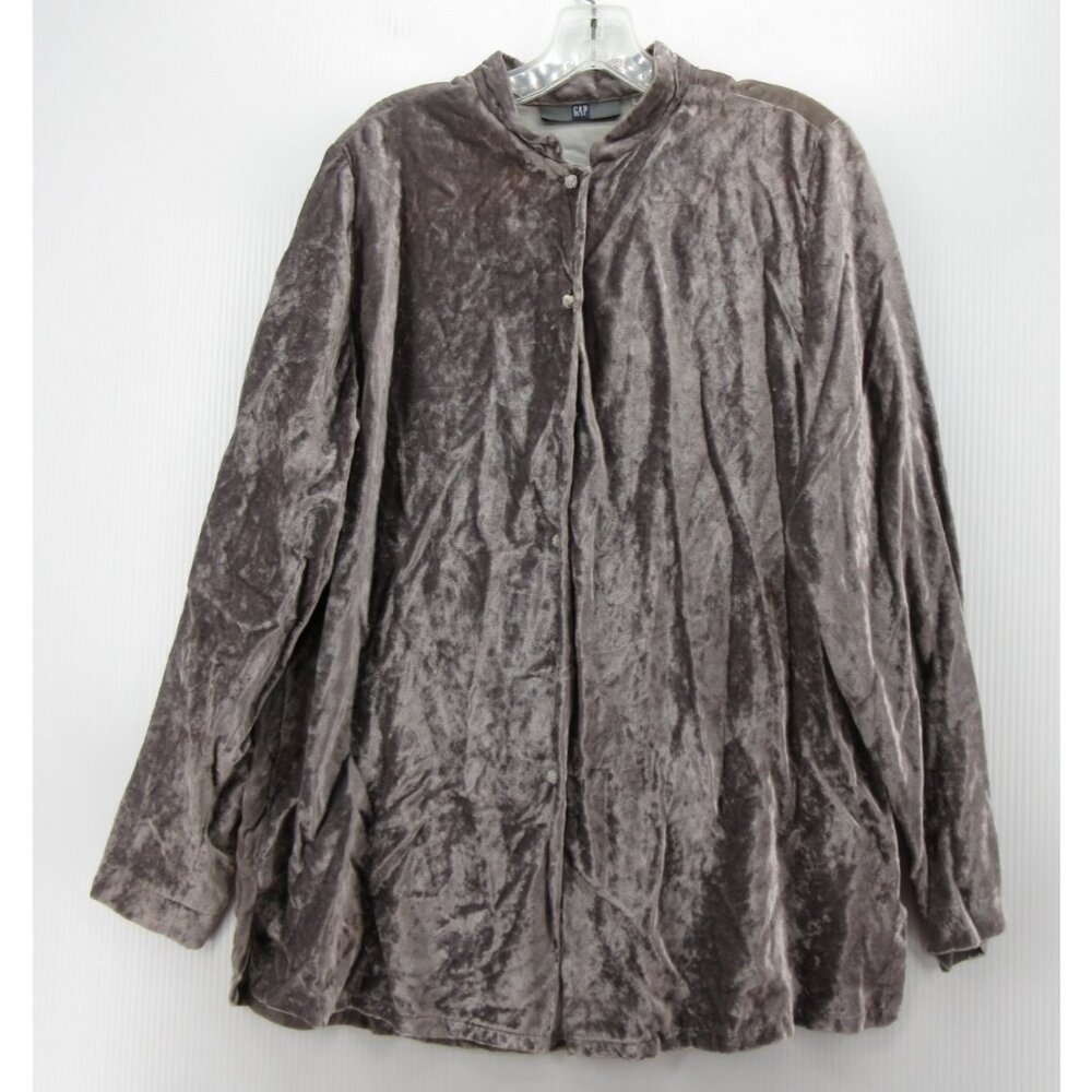 VINTAGE Gap Top Large Taupe Crushed Velvet Blouse Mandarin Collar *